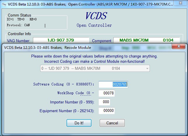 vag com VCDS beta 12.10.3 아BS 브레이크는 관제사를 엽니다