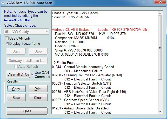 vag com VCDS beta 12.10.3 자동 검사