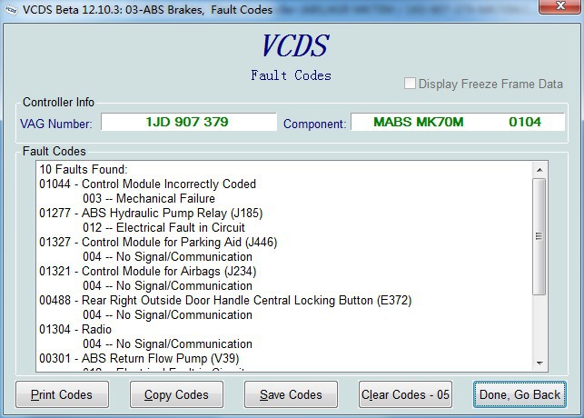 vag com VCDS beta 12.10.3 아BS 브레이크 결함 부호